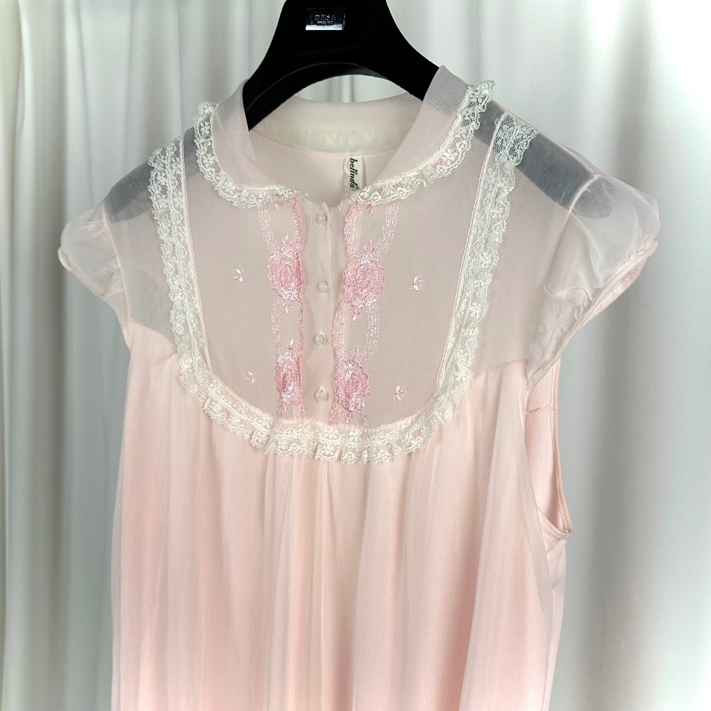 Vintage 60s Pink Sheer Nightgown | Belinda Lace Nylon Slip S/M - Picture 4 of 13